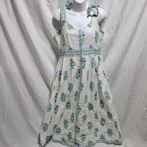 Pink City Prints Maree Dress Sz M Cyan Magnolia Floral Block Print Cotton Pocket